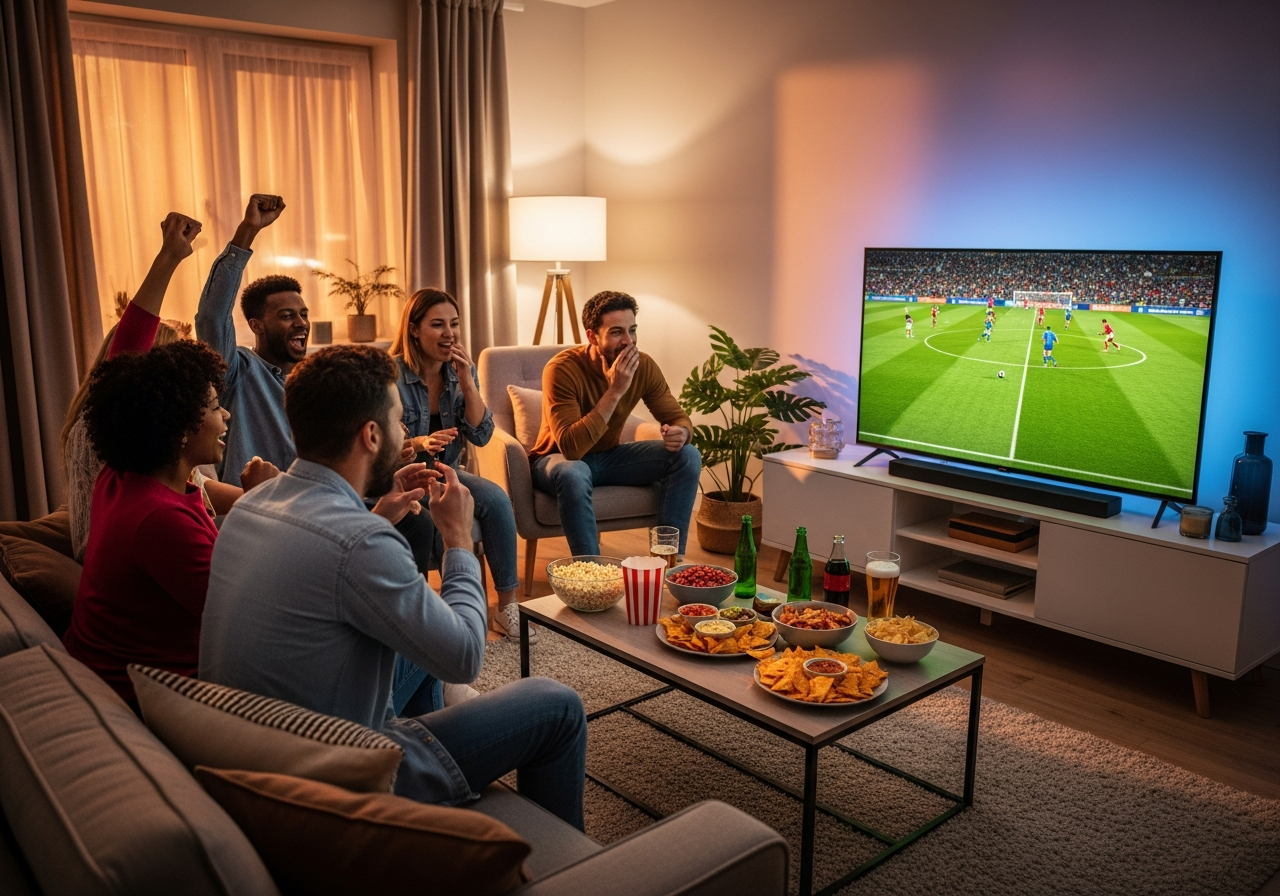 Amis regardant un match de la Coupe du Monde &agrave; la t&eacute;l&eacute;vision
